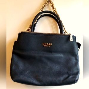 Vintage Guess Black Three-Compartment Purse with Gold Chunky Chain & Two Handles